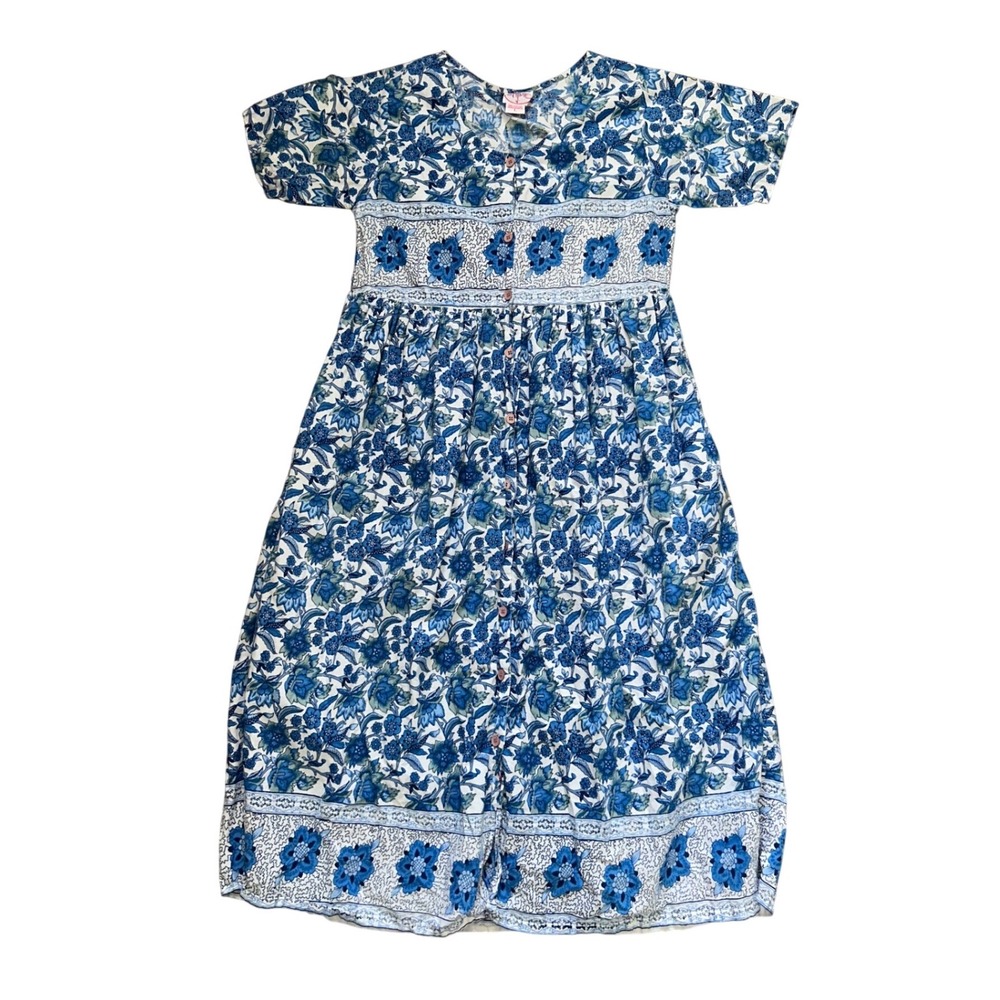 Vtg Blue Floral Cotton Midi Dress Short Sleeve Button Front L coastal cottage
